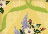 Bouquets of Lilacs and roses surrounded by lace and ribbon on a butter yellow background. Pure romance