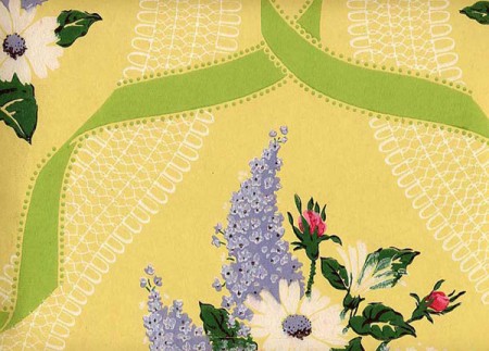 Bouquets of Lilacs and roses surrounded by lace and ribbon on a butter yellow background. Pure romance